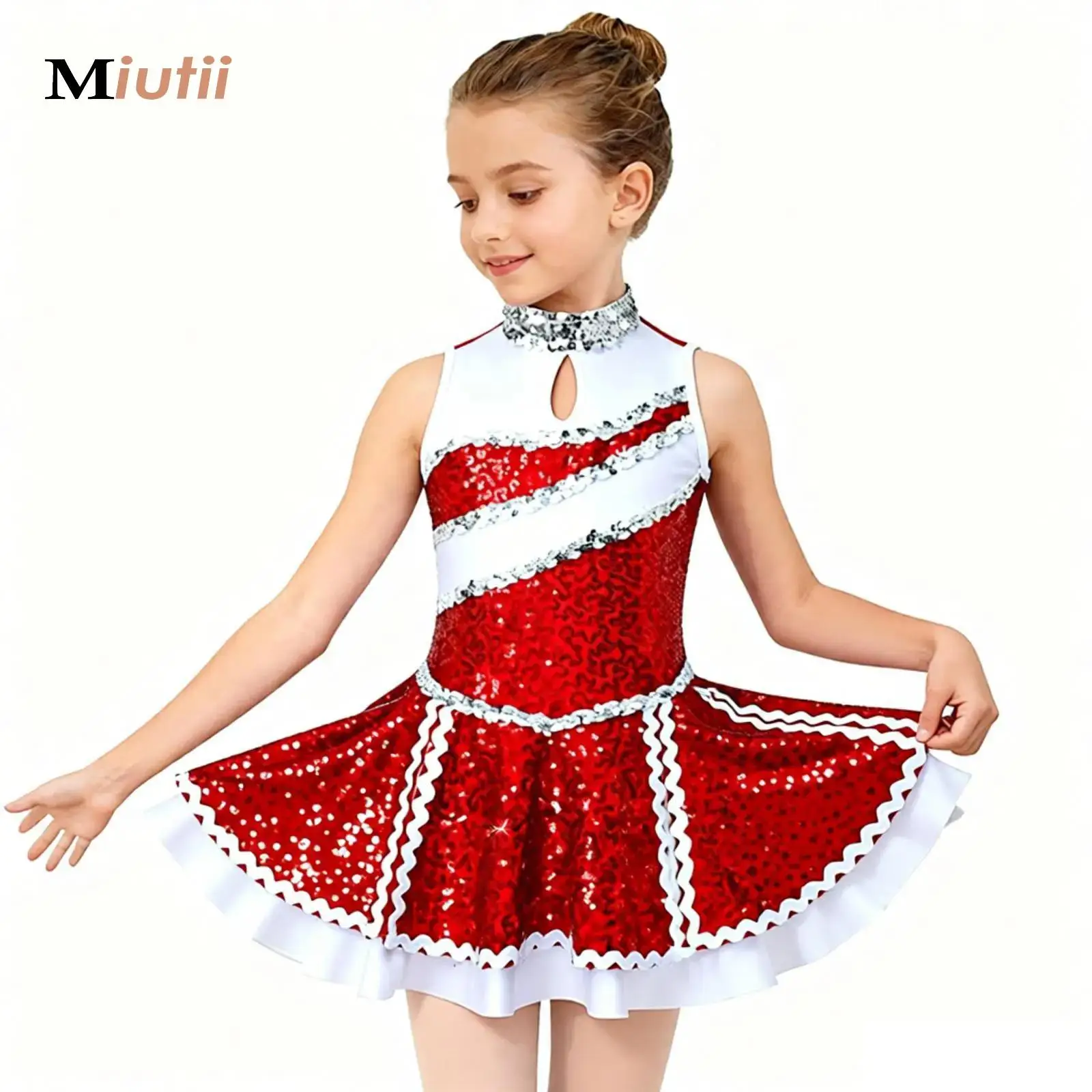 

Kids Girls Cheerleading Uniform Schoolgirl Cosplay Costume Sleeveless Shiny Sequins Cheer Figure Skating Ballet Dance Dress