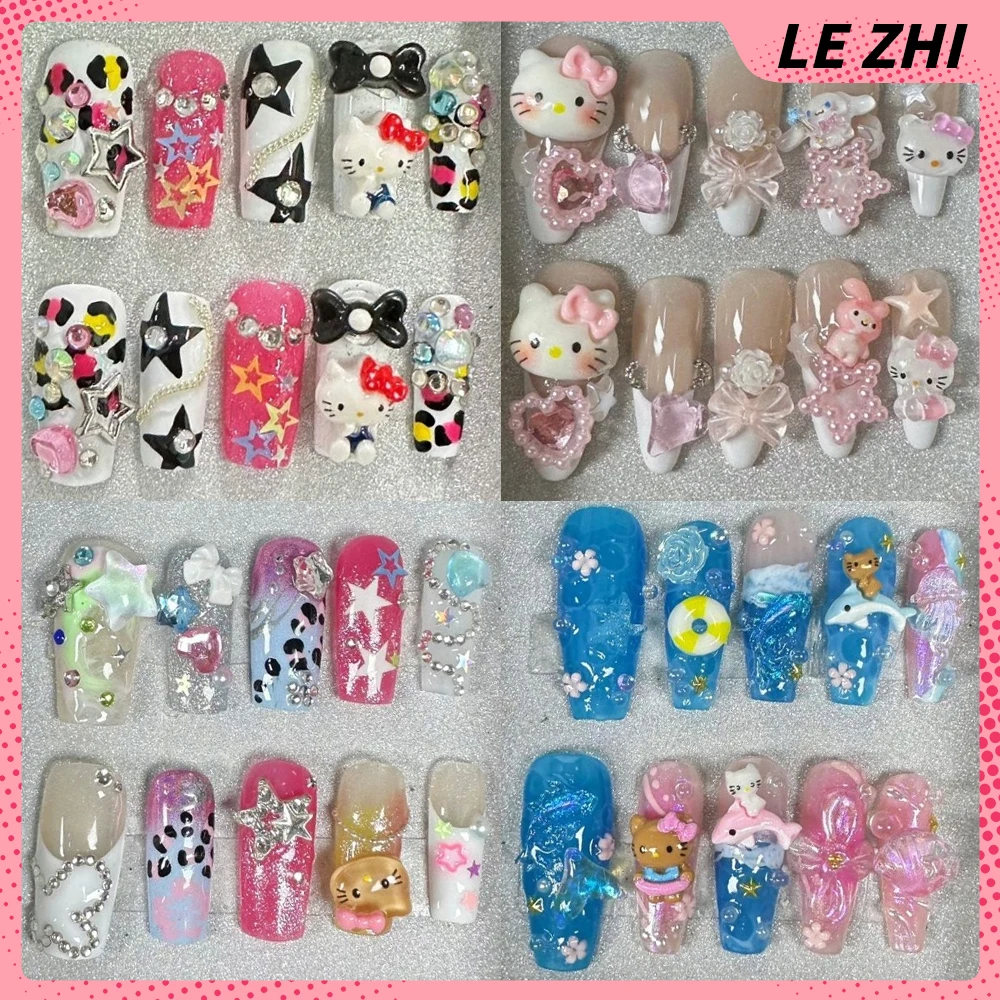 

Sweet Cool Anime Ellipse Shape Square Handmade Nails Party Sticker Cartoon Hello Kitty Diamond Pearl Flower Wearable Fake Nails