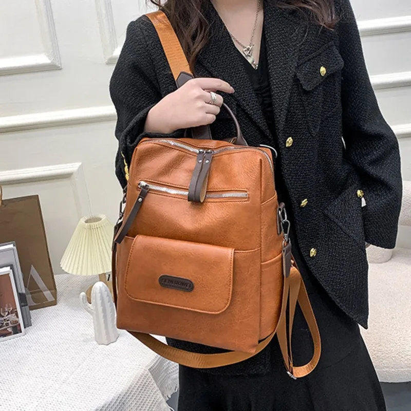 Ladies\' Single Shoulder Bag PU Soft Leather Texture New Large Capacity Simple Travel Fashion Commuter Backpack Handbag