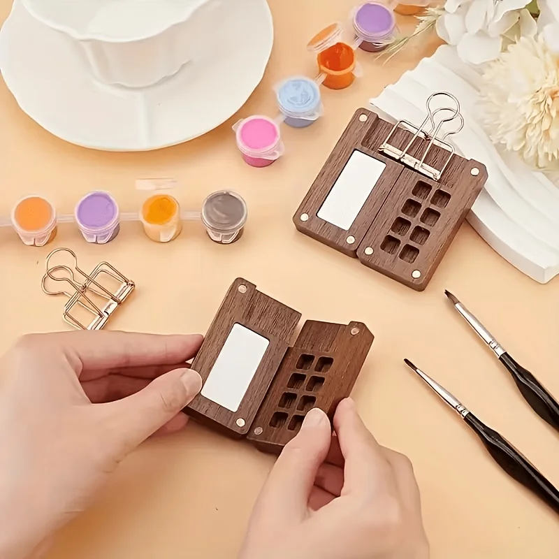 Handmade Mini Walnut Watercolor Paint Box, Can Hold 8 Colors, Without Paint, Portable Outdoor Sketching Color Box