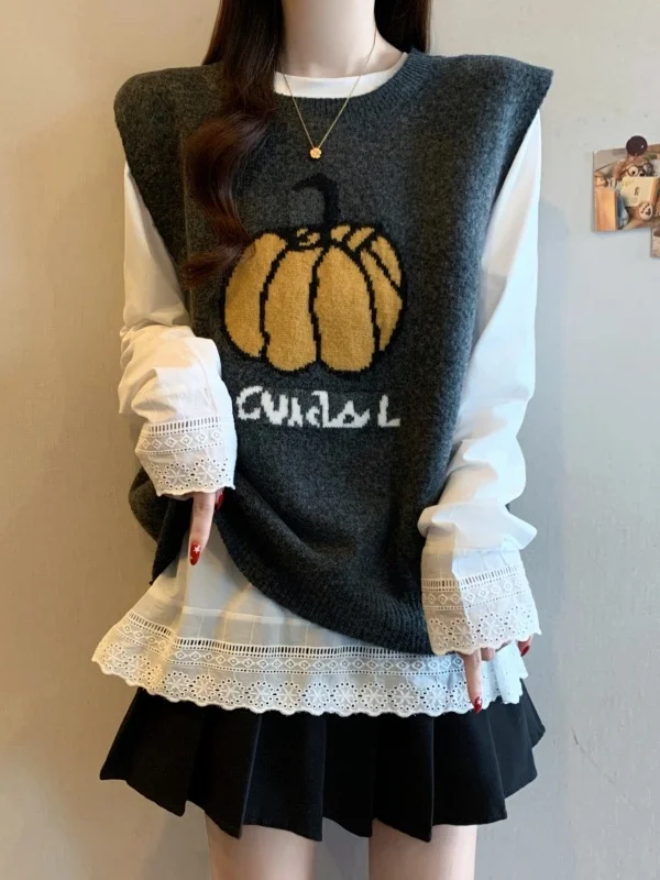 

Женский вязаный жилет «Тыква» больших размеров, весна 2026, модный повседневный комплект из двух предметов: длинный свитер и круглый воротник