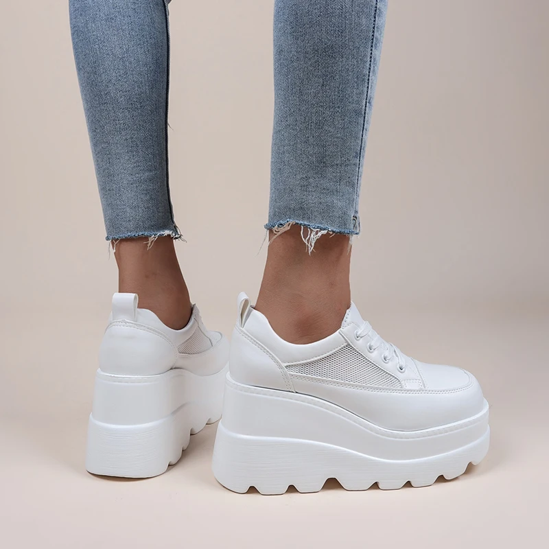 2023 NEW White Wedge Sneakers Shoes Platform Breathable Hollow Shoes Chunky Platform Heel Pumps Shoes Women Heels