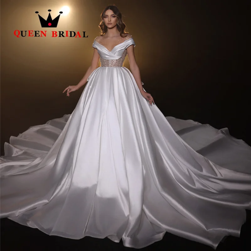 Elegant Satin Wedding Dresses 2024 Off Shoulder Sweetheart Pleat Sequined Beads Birdal Ball Gowns Vestidos De Novia Custom Y08X