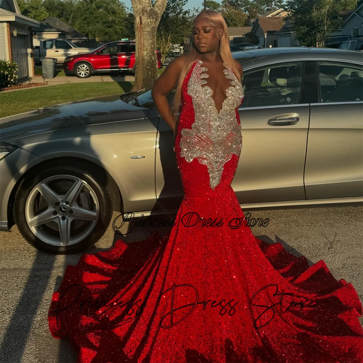 

Glitter Customized Sequins Diamonds Mermaid Long Prom Dress For Black Girls Silver Diamond Beaded Party Gala Gown Vestidos