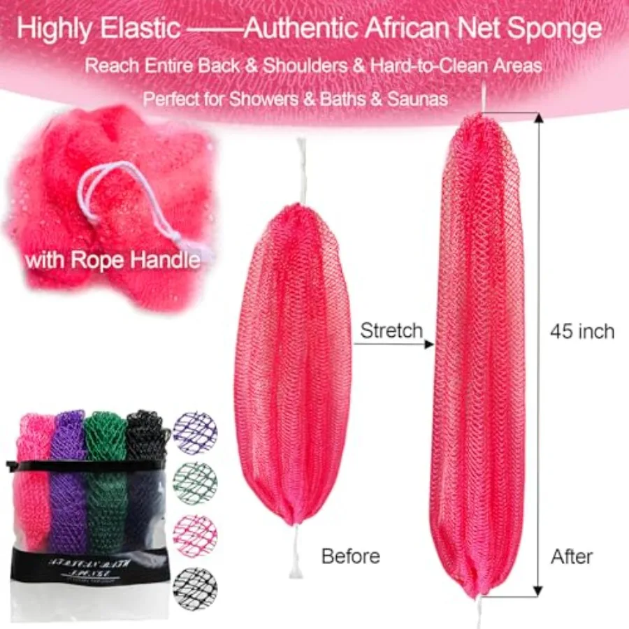 4 Pack African Net Sponge Authentic, 45" Long African Exfoliating Net Sponge with Knots, Body and Back Scrubber for Shower Bath view 6