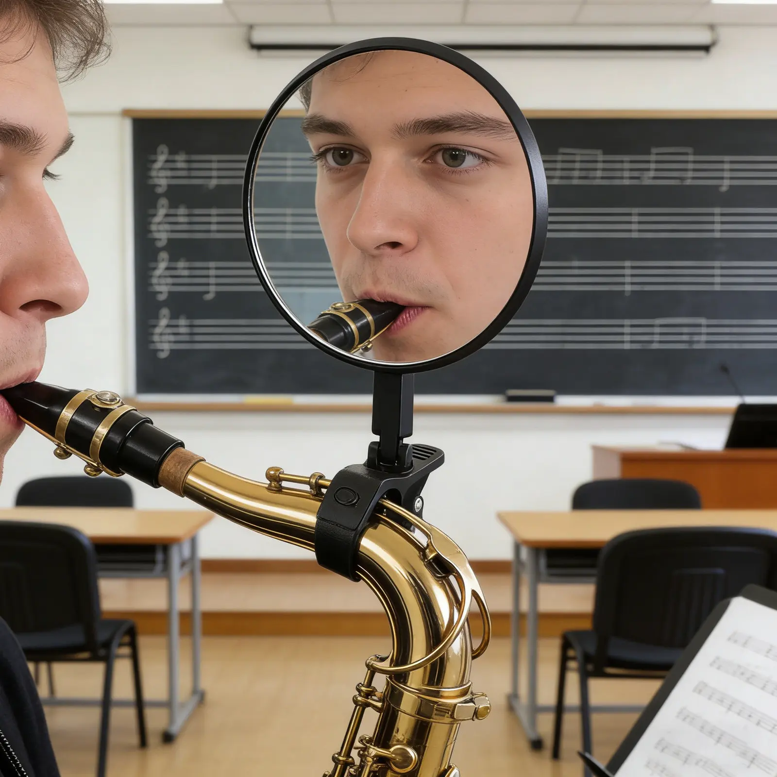 Saxophone Embouchure Correction Mirror with Flexible Arm Support for Real Time Lip Position Monitoring during Performance