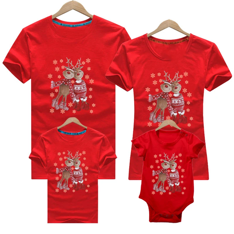 Christmas Women Men Kids T-shirt Baby Romper Family Matching Clothes Cartoon Deer Print Mommy Daddy Baby Short Sleeve T-shirt