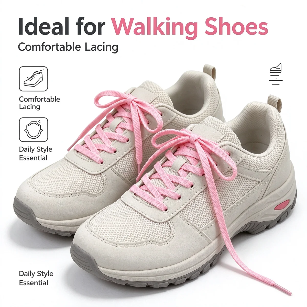 2 Pack Pink Flat Shoelaces, 160cm Long Solid Color Woven Replacement Laces, Durable Anti-fray Flat Shoestrings with Hard Tips,