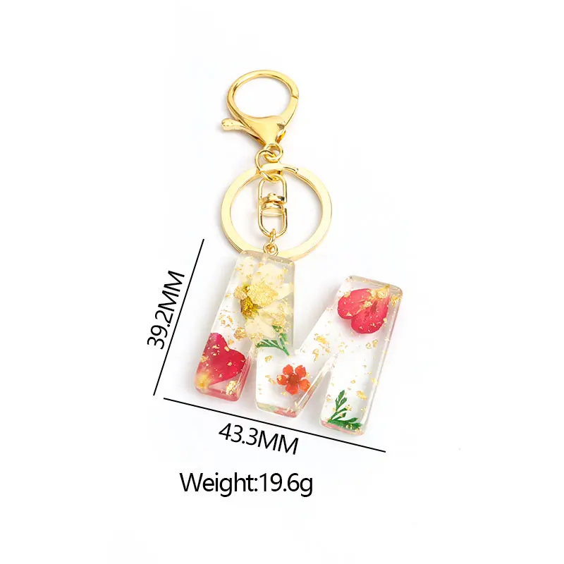 Real Dried Flower 26 Initial Letter Keychain Exquisite Crystal Resin A-Z English Alphabe Charm Keyring Women Bag Key Accessories