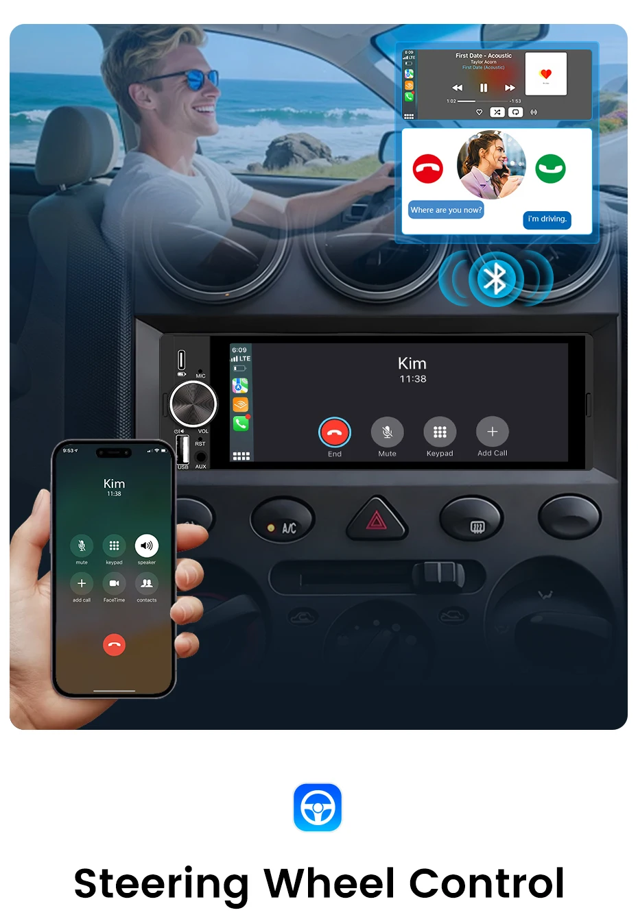Junsun 6,86" Kabelloses Carplay Android Auto Universal 1 Din MP5 Autoradio 1280*600 IPS Touchscreen Stereo Zentrale – Detail 10