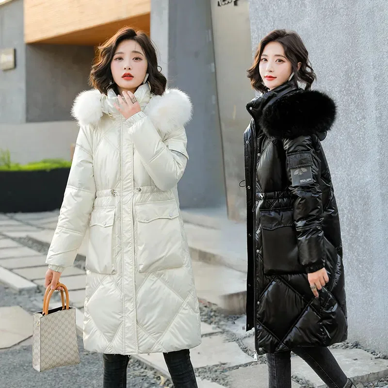 New Winter Warm Gloss Down Cotton Jacket Coat Hooded Long Parker Overcoat Women Oversize Thick Padded Jackets Female Outerwear