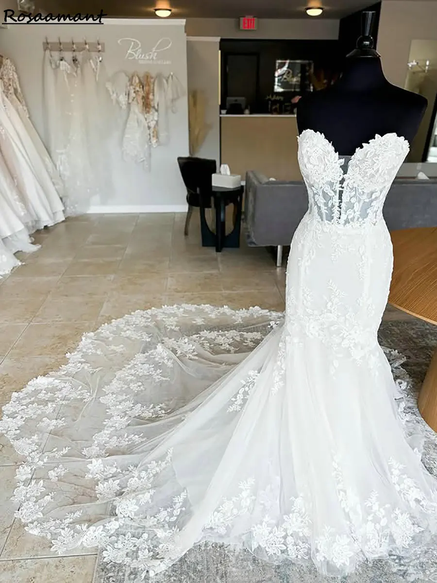 

Gorgeous Sweetheart Sleeveless Mermaid Wedding Dresses Illusion Appliques Lace Country Bridal Gowns