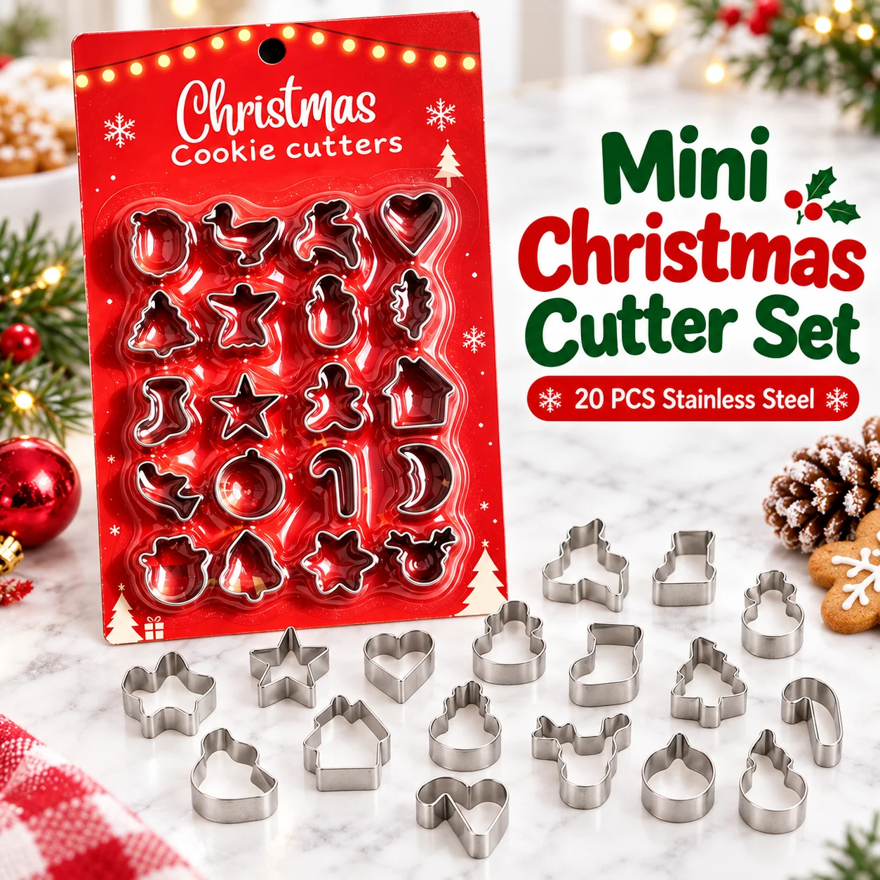 20-teiliges Weihnachts-Ausstechformen-Set, langlebige Mini-Formen aus Edelstahl für Kekse, Gebäck, Fondant, Weihnachten, Heimparty, Geschenk, DIY-Backen