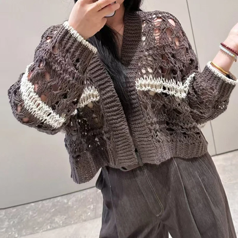 

Cardigan for women New elastic knitted slim fit V-neck long sleeved top for summer 2025 Hook flower hollow thin coat knitwear