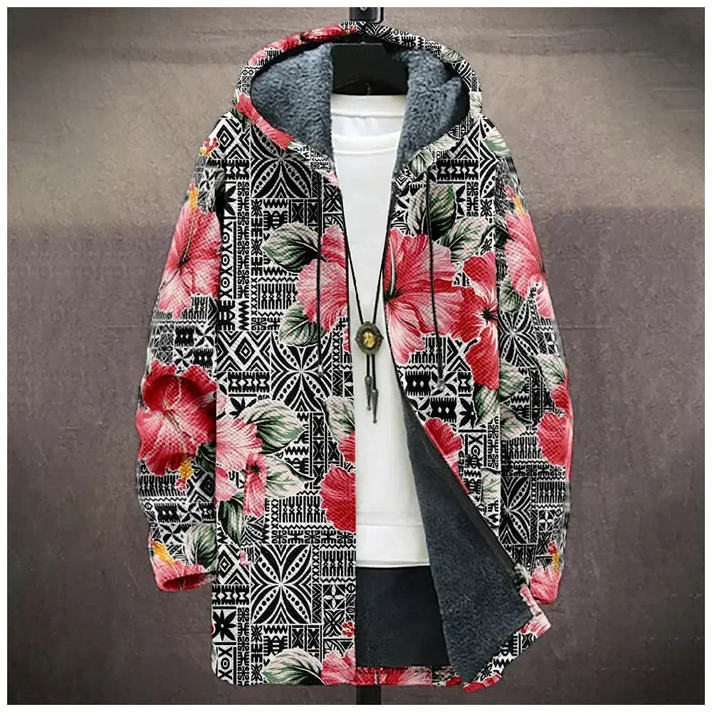 Men Cardigans Coats Ethnic Florals Pattern Art Graphics Printed Plush Thick Winter Casual Streetwear Unisex Clothing