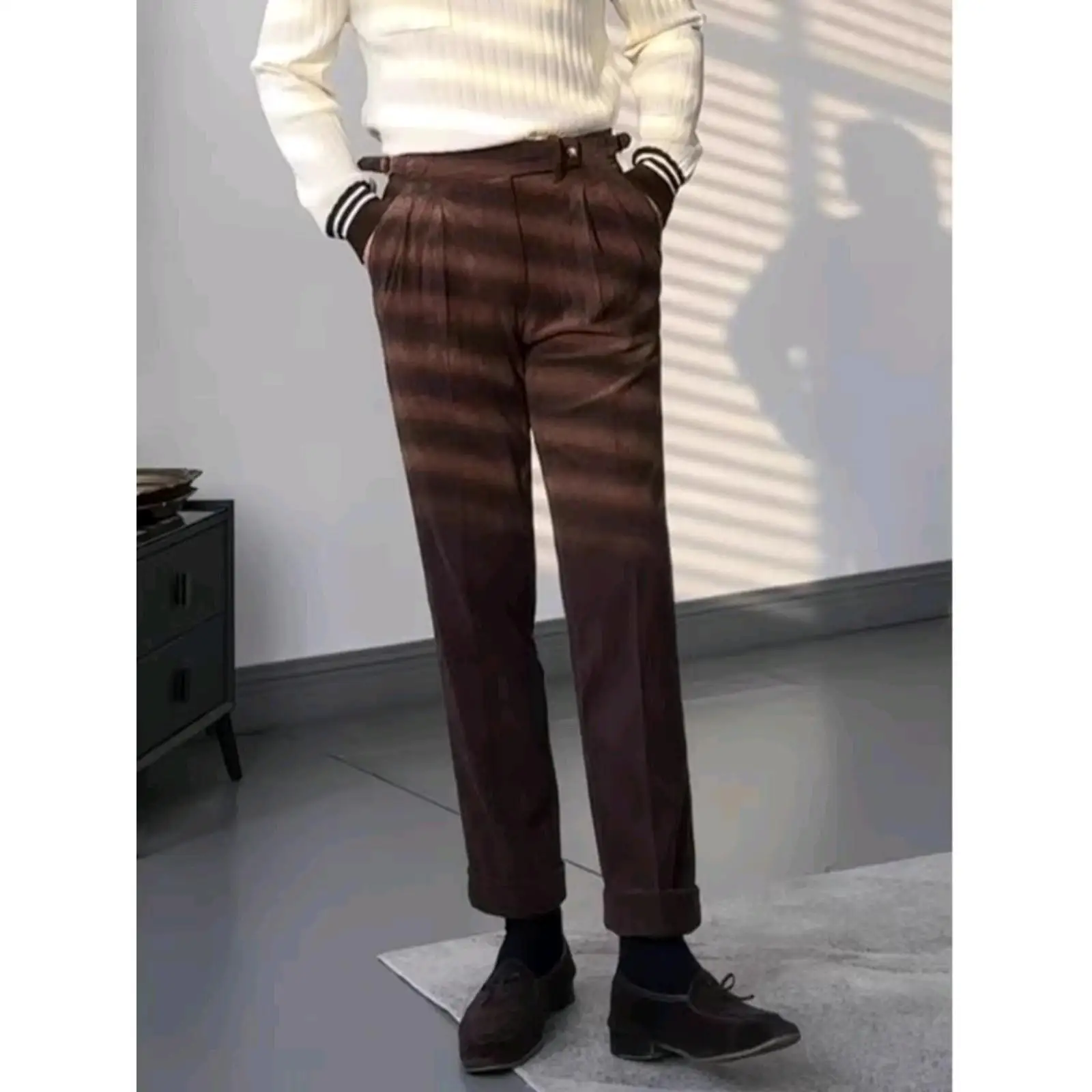 

Vintage New Fashion Men's High Wasit Casual Trendy Simple Basic Daily Straight Corduroy Suit Trousers Male Pants Bottom Clothes