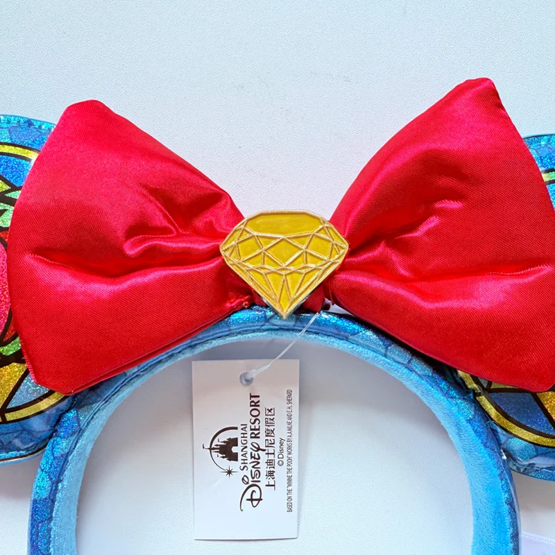 Snow White Stained Glass Minnie Ear Headband Blue Glitter Mickey Mouse Ears Headband With Red Bow Disney Cosplay Hair Accessory view 6