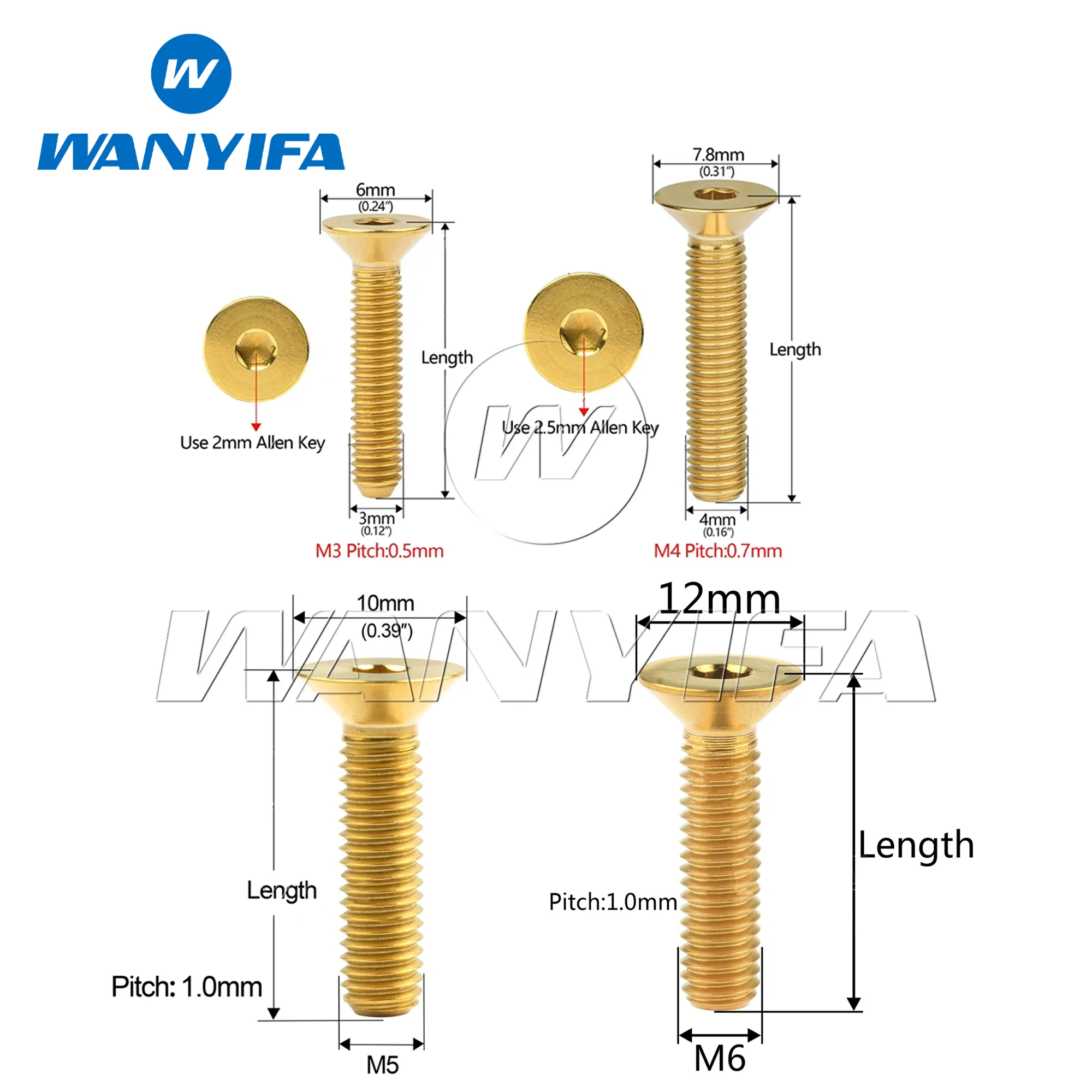 Wanyifa Titanium Bolt M3/M4/M5/M6x6  8  10  12  15  18  20  25  30  35 40  45mm Countersunk Hex Head Screws