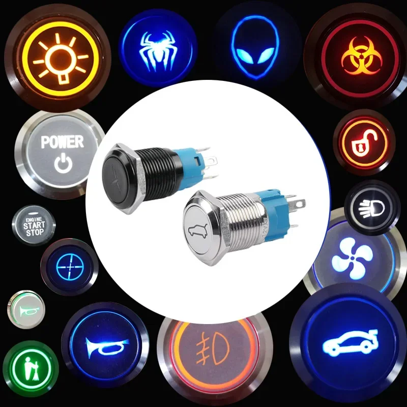 Niestandardowy wzór samochodu DIY wodoodporne światło Led chwilowy przycisk przełącznik zatrzaskowy 16/19/22mm samoresetu Symbol Logo ikona sygnału
