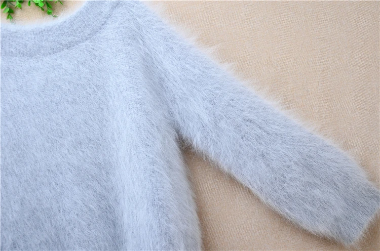 Ladies Women Fall Winter Clothing Grey Hairy Angora Rabbit Hair Knitted Slash Neck Three Quarter Sleeves Loose Pullover Sweater