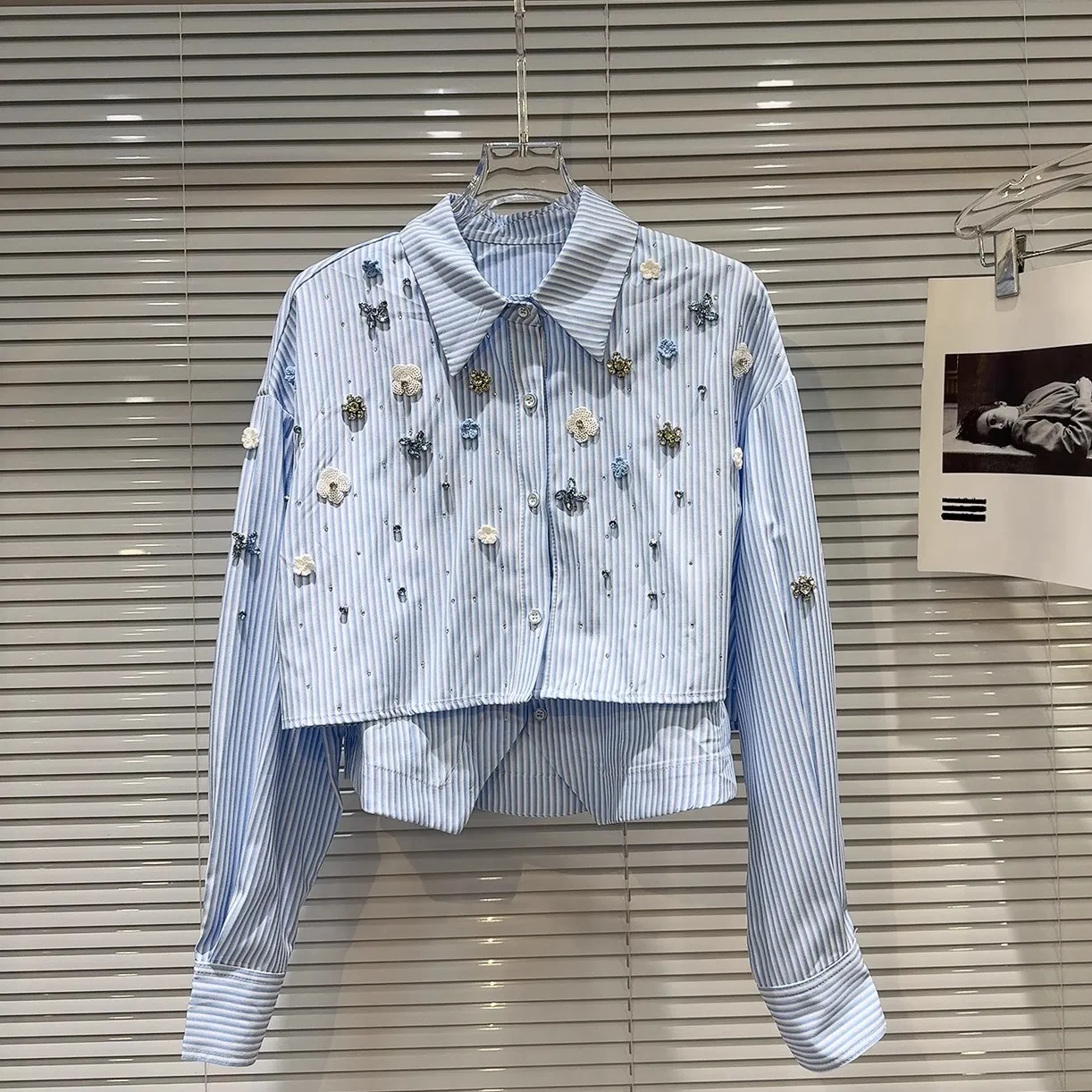 2025 Autumn New Arrival: Niche-Designed Striped Shirt with Rhinestone-Beaded Floral Appliqués – Faux Two-Piece Style