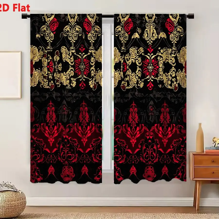 2Pcs Curtains Add 2D Flat Baroque Gold And Red Ornate Pattern On Black Background Window Drapes for Bedroom Room Decor Decoratio