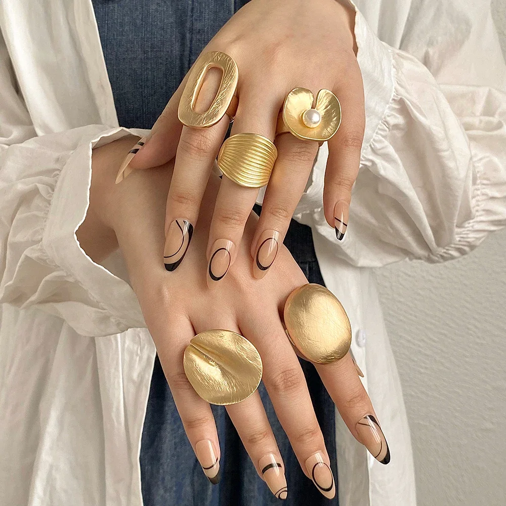 Irregular Chunky Big Geometric Gold Silver Color Rings for Women Men Personality Elastic Rope Connection Finger Rings