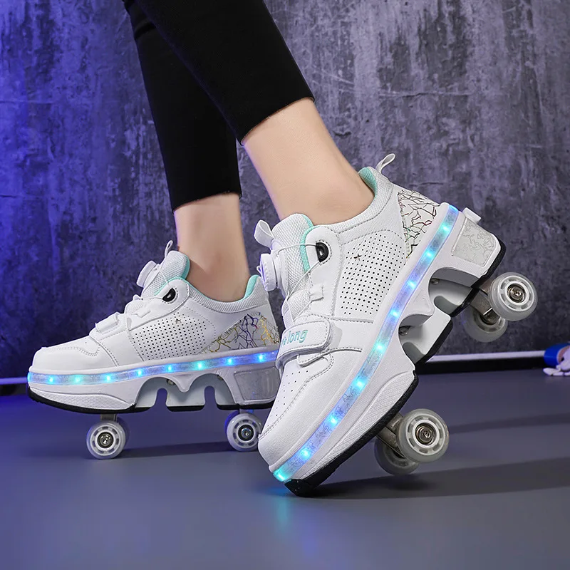 Rollschuhs chuhe zweireihig 4 Räder Schlittschuhe für Frauen Männer Räder deformierte Schuhe Kinder führte blinkende Outdoor-Skating-Turnschuhe