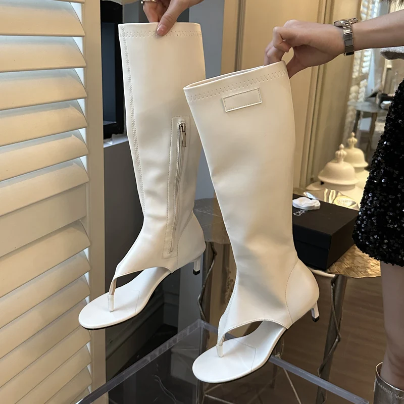 Eilyken Clip Toe Low Heels Knee High Boot Sandals Woman Fashion Zipper Banquet Summer Shoes Designer Flip Flops Botas Mujer