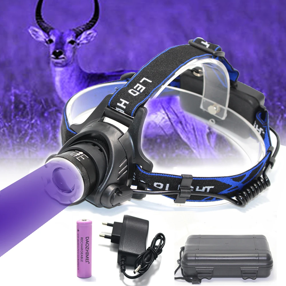 UV 395nm Headlamp Waterproof Zoomable Ultraviolet Headlight Rechargeable Head Lamp 3 Modes Hunting Climbing Torch