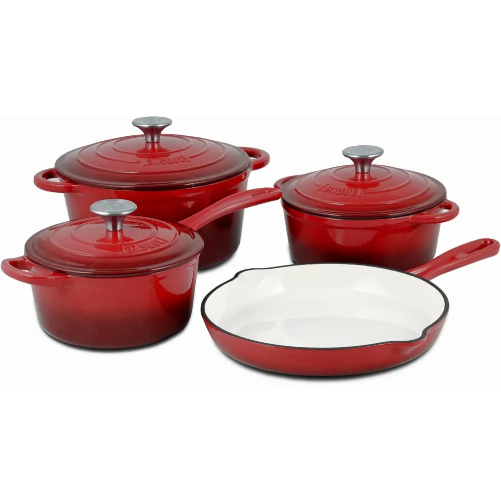 

Enameled Cast Iron Cookware Set (Rouge Red), 7-Piece Set, Nonstick, Oversized Handles, Oven Safe; 10.25" Skillet, 2QT Saucepan