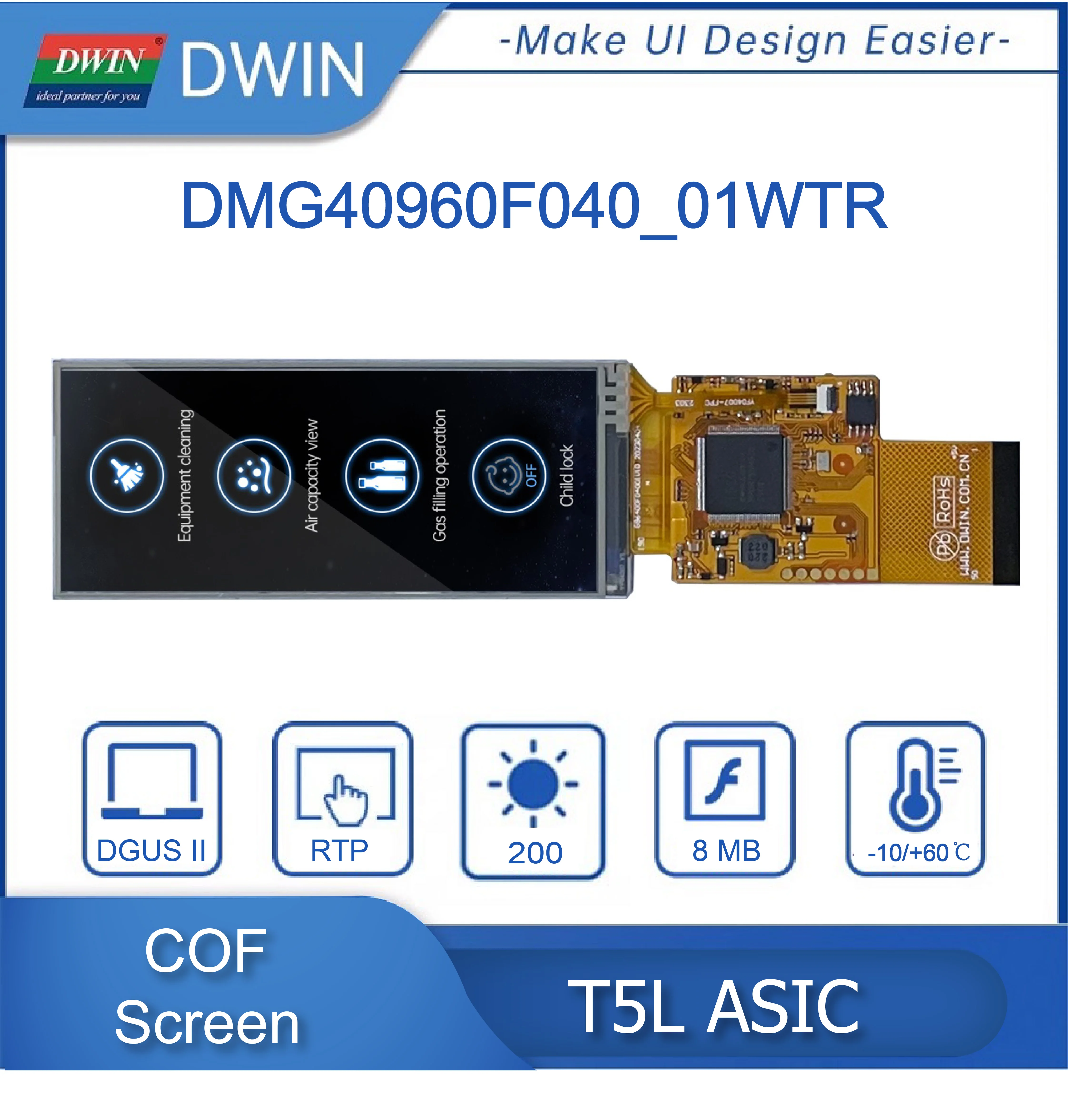 Imagem -02 - Polegadas Estrutura Cof Resolução de 400*960 Pixels 262k Cores Ips Tft Lcd 50 Pinos Dmg40960f040 _ 01w 40