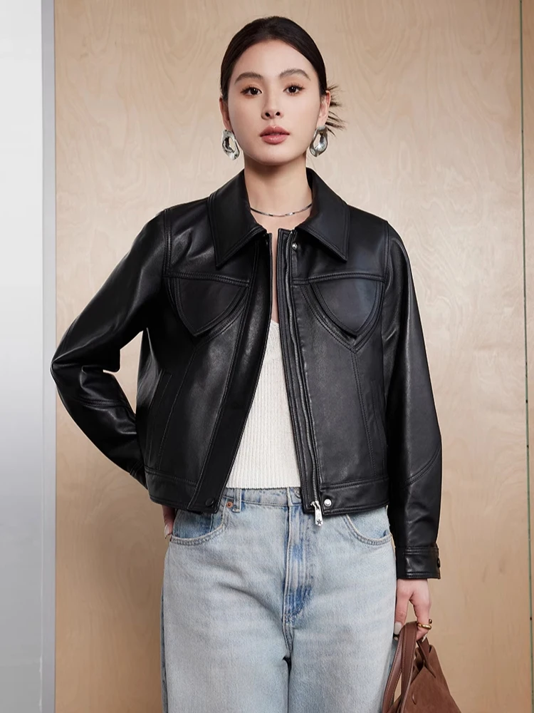 

Casual Genuine Leather Motorcycle Jackets for Women Simple Soft Oil Wax Slim Short Real Sheepskin Coat jaqueta feminina de couro