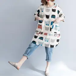 Johnature New Casual Cartoon Print Loose O-Neck Half Sleeve Long Tops 2024 Summer Women  2 Colors Irregular T-Shirts