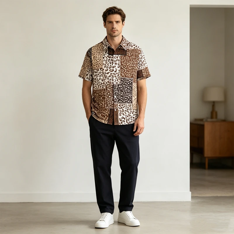 2026 Leoparden-Patchwork Freizeithemd für Herren Sommer Hawaiianisches Strandhemd mit Gepardenmuster Knopfleiste Relaxed Fit Trendiges Oberteil – Detail 2