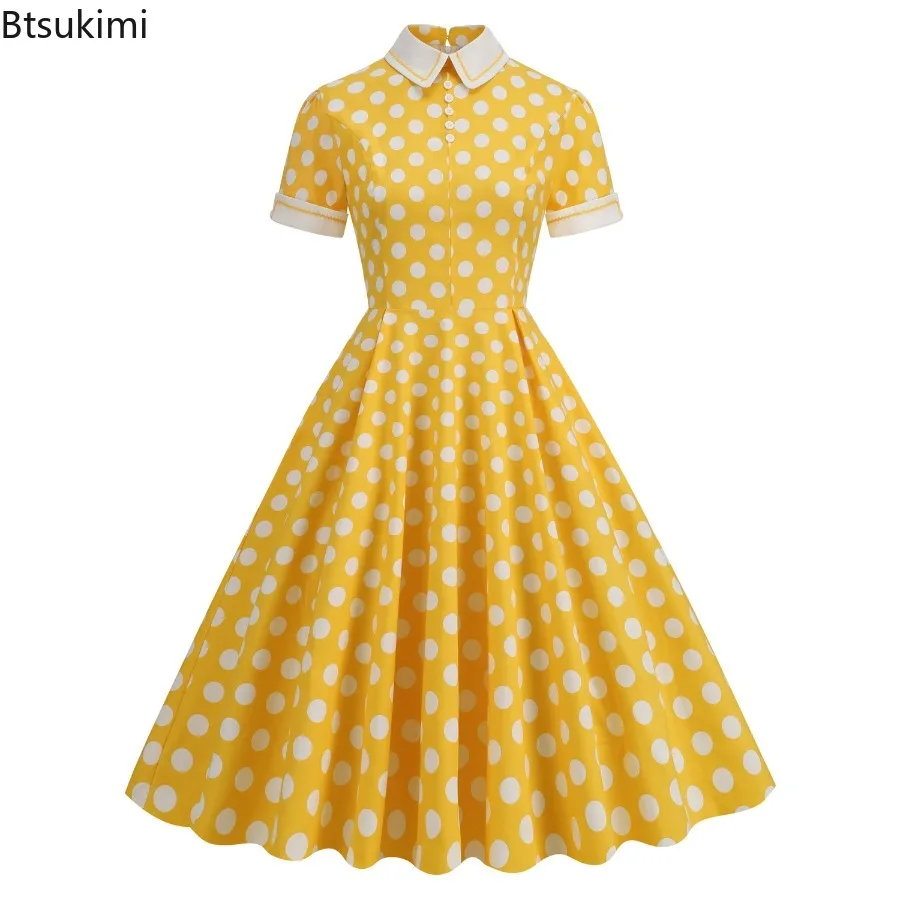 

Hepburn Style Polka Dot Print Women's Vintage Swing Dresses Short Sleeve Turn Down Collar Robe Summer A Line Rockabilly Dress