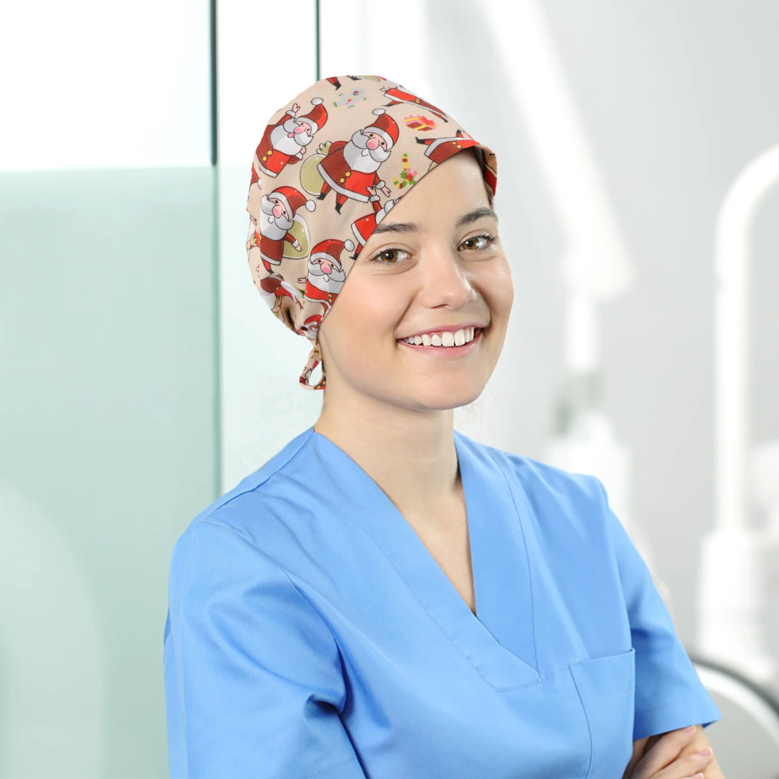 

Christmas Printed Cotton Cap Dustproof Working Hat For Nurse Doctor Beautician Chemo Caps Sanitary Headwear Xmas Pattern