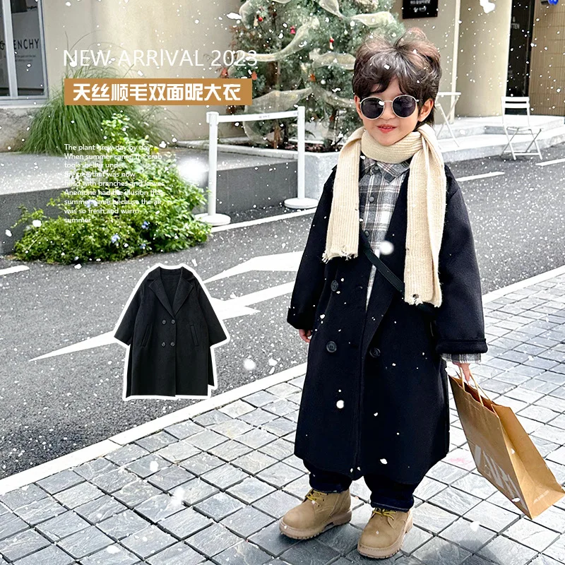 

2023 Autumn and Winter Wear Korean Edition Boys' Long Woolen Coat Foreign Fashionable Children's Thickened Coat