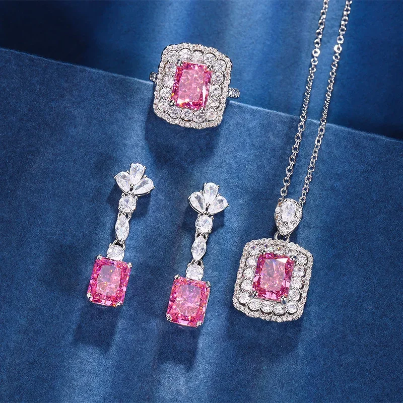 

Luxurious Square Cut Pink Stone Jewelry Adjustable Ring Dangle Earrings Pendant Necklace with White Crystals Prom Night Wedding