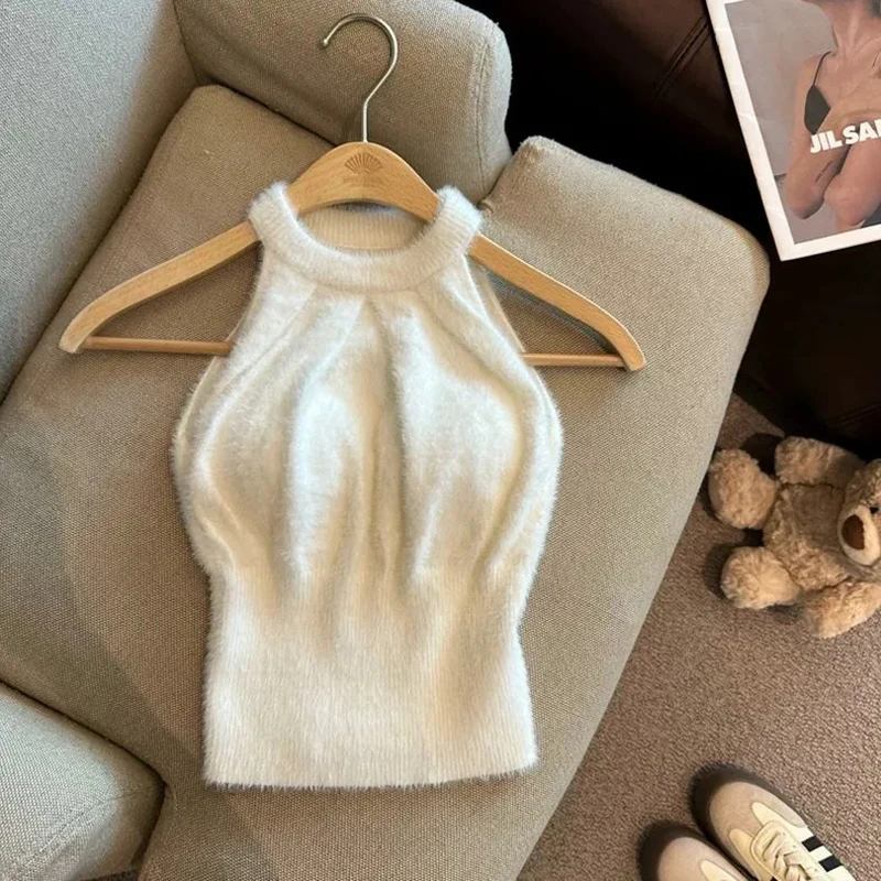 Fashion Faux Mink Fur Camis Women Spring New with Chest Pads Halter Tops Y2K Sexy Slim Backless Beach Vacation Crop Tank