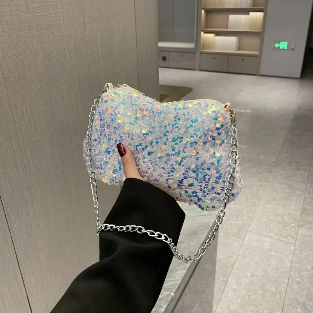 Einfarbige Umhängetasche mit Pailletten, einfache INS-Kette, Pailletten, Umhängetasche, Tasche, Handytasche, kleine quadratische Tasche, Dinner-Party – Detail 13