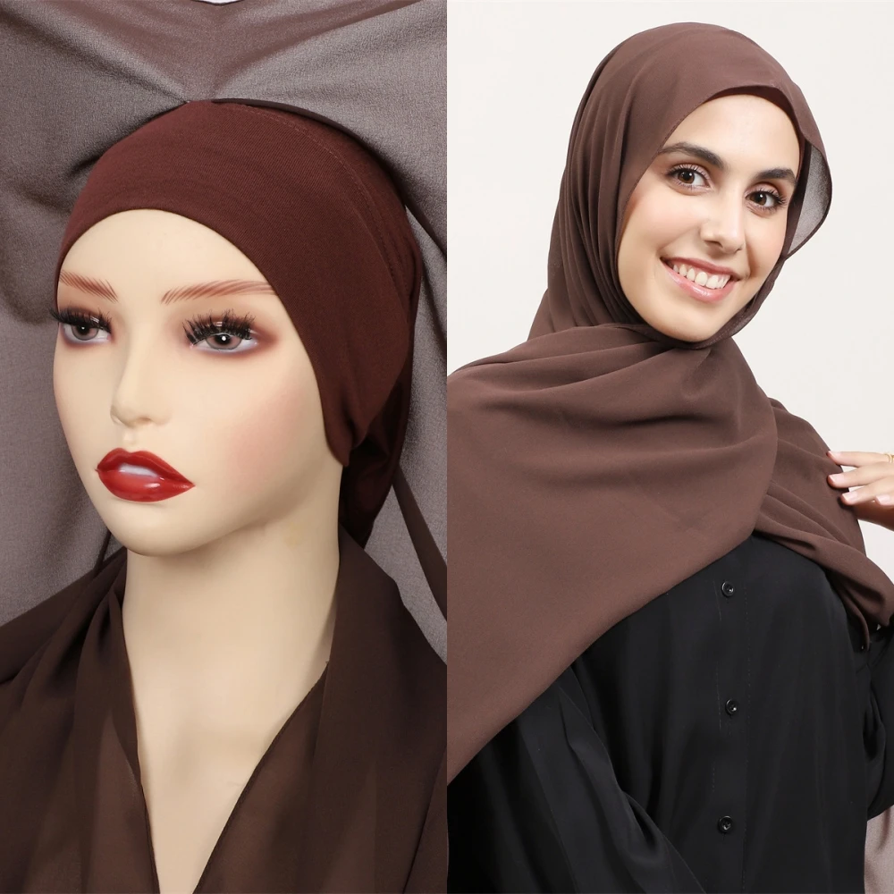 Hot Sale Premium Instant Chiffon Hijab With Bulit-in Magnets Solid Color Easy To Wear Shawl Wrap with Undercap for Muslim Women