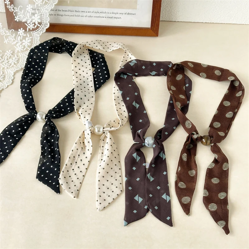 

Elegant Long Ribbons Dot Patterns Accented By Lustrous Round Beads For Sophisticated Ponytail Styling And Neck Accessories