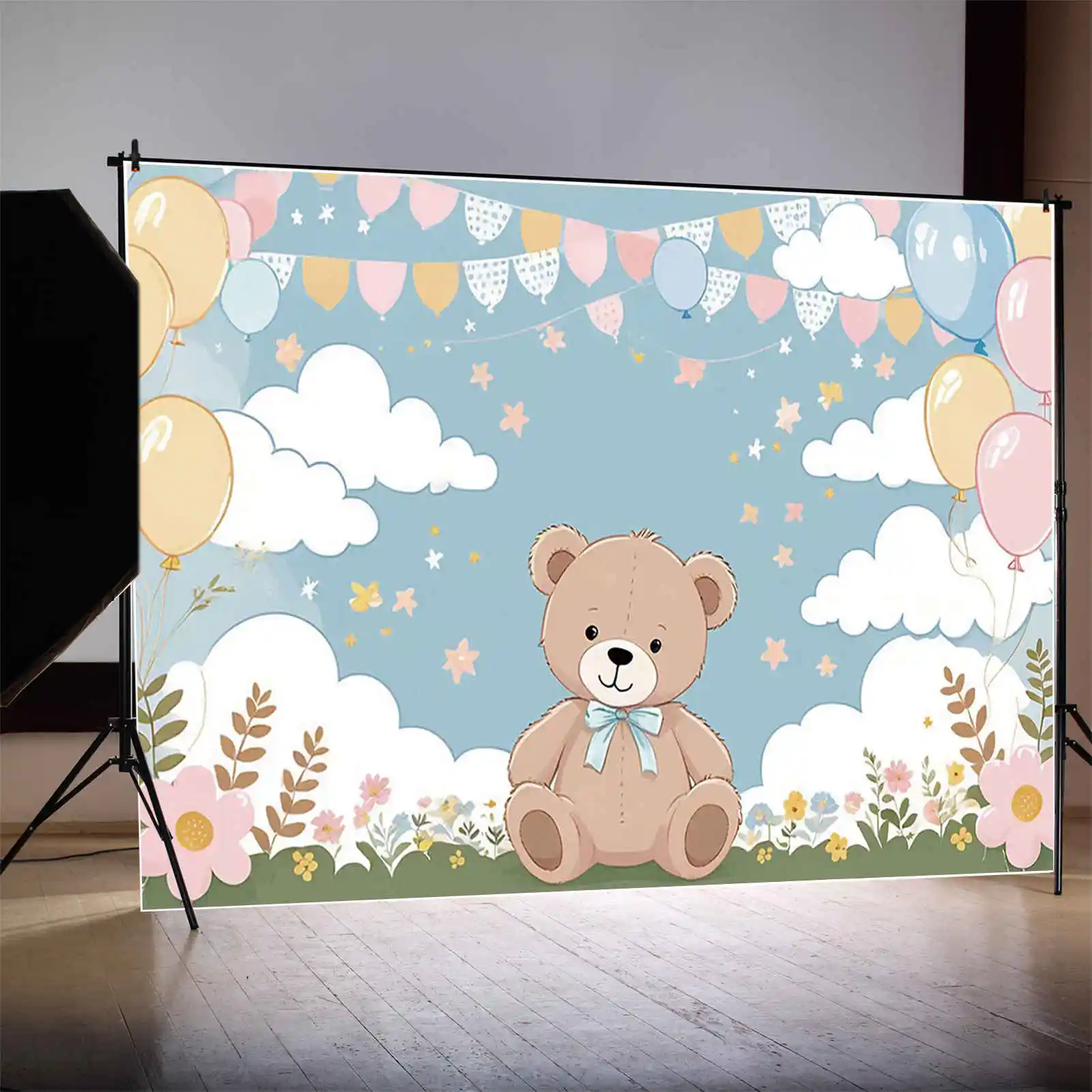 MOON.QG Cartoon Teddy Bear Background Photography Banner Cartoon Birthday Photozone Backdrop Baby Photo Studio Photocall Props