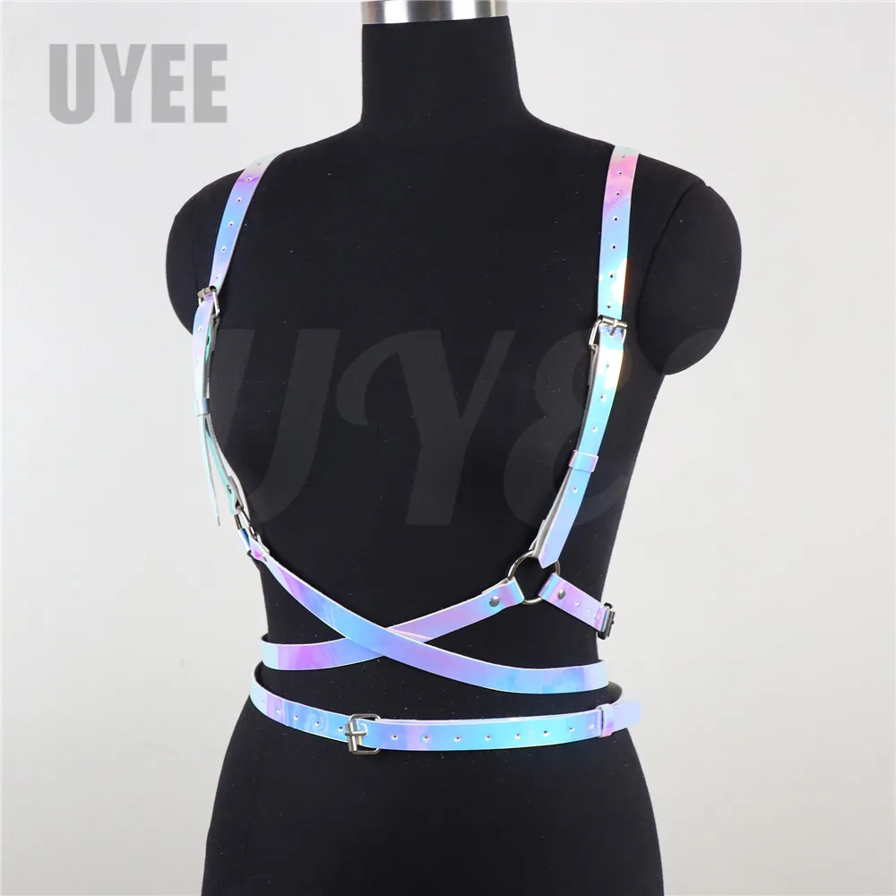 UYEE Fashion Belt PU Leather Harness Straps for Women Harness Top Punk Women Holo Rainbow Waist Jewelry Festival Rave Outfit