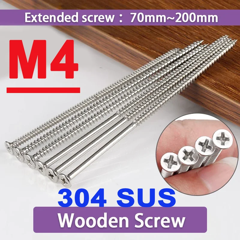 

M4 Extended Flat Head Self Tapping Screw 200mm 304 Stainless Steel Countersunk Screw180mm Switch Socket Wooden Screw 160mm