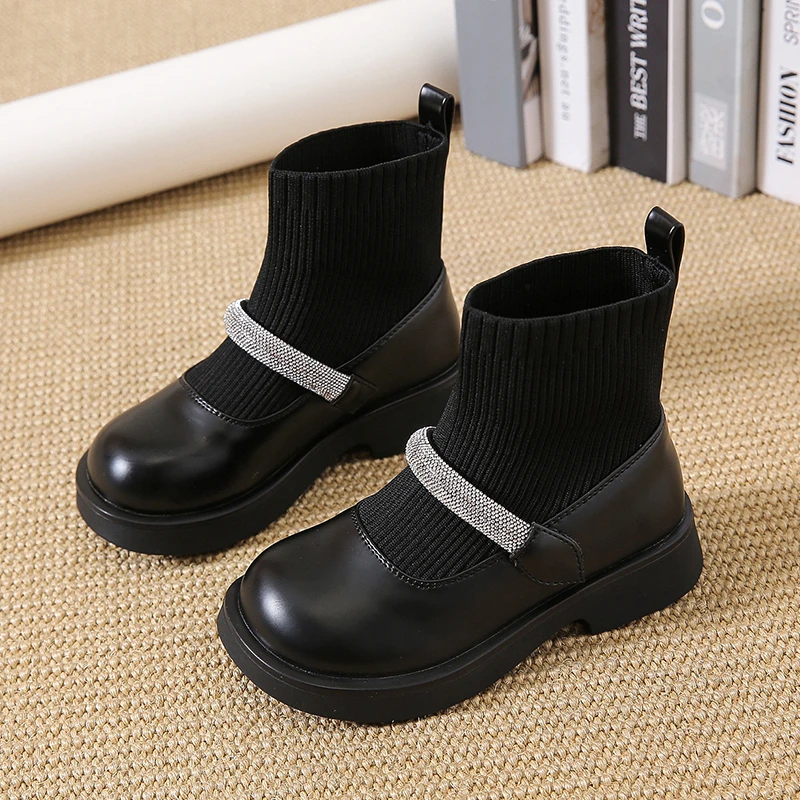 

Children Fashion Leather Boots Girls Rhinestone Princess Boots Breathable Kids Sock Shoes Anti-Slippery 2025 Autumn Winter New