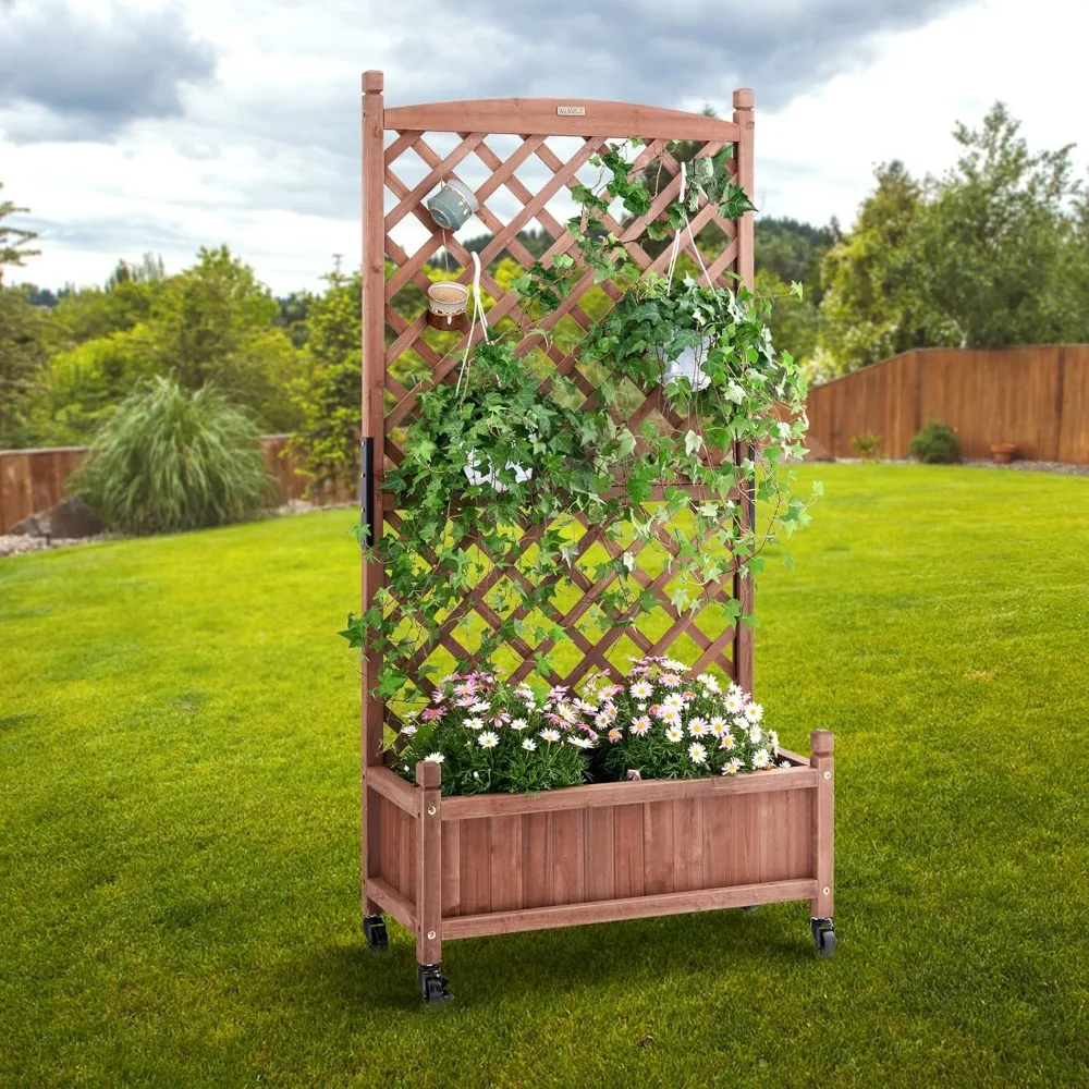 Wooden planters with trellises, outdoor raised garden beds with drainage holes, self-standing trellis planters