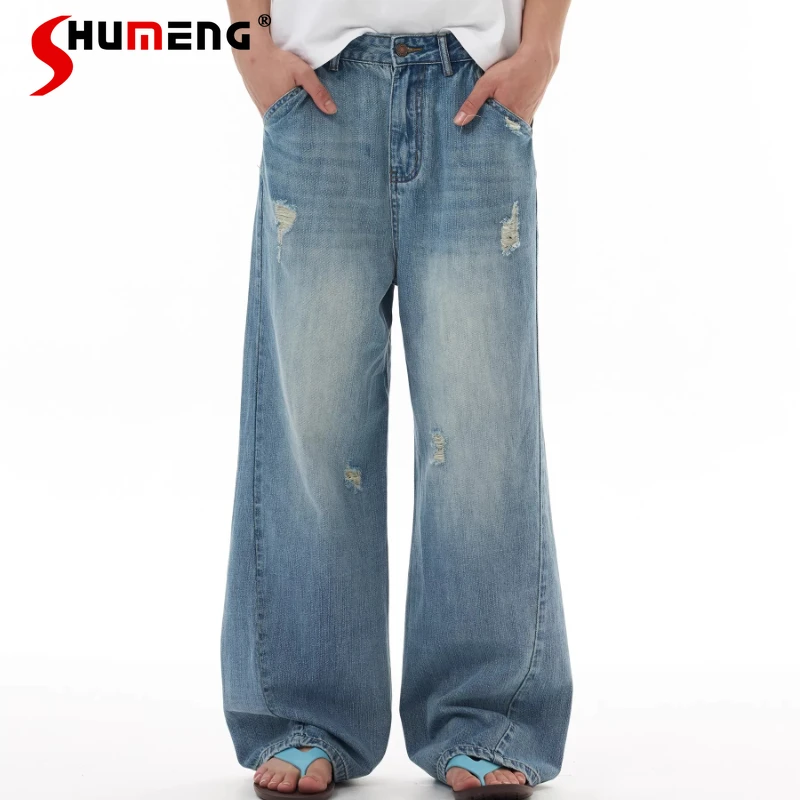 

Модные джинсы с дырками для мужчин и женщин, лето 2026, высококачественные стильные джинсовые брюки, свободные комфортные джинсы для пар с декоративными карманами