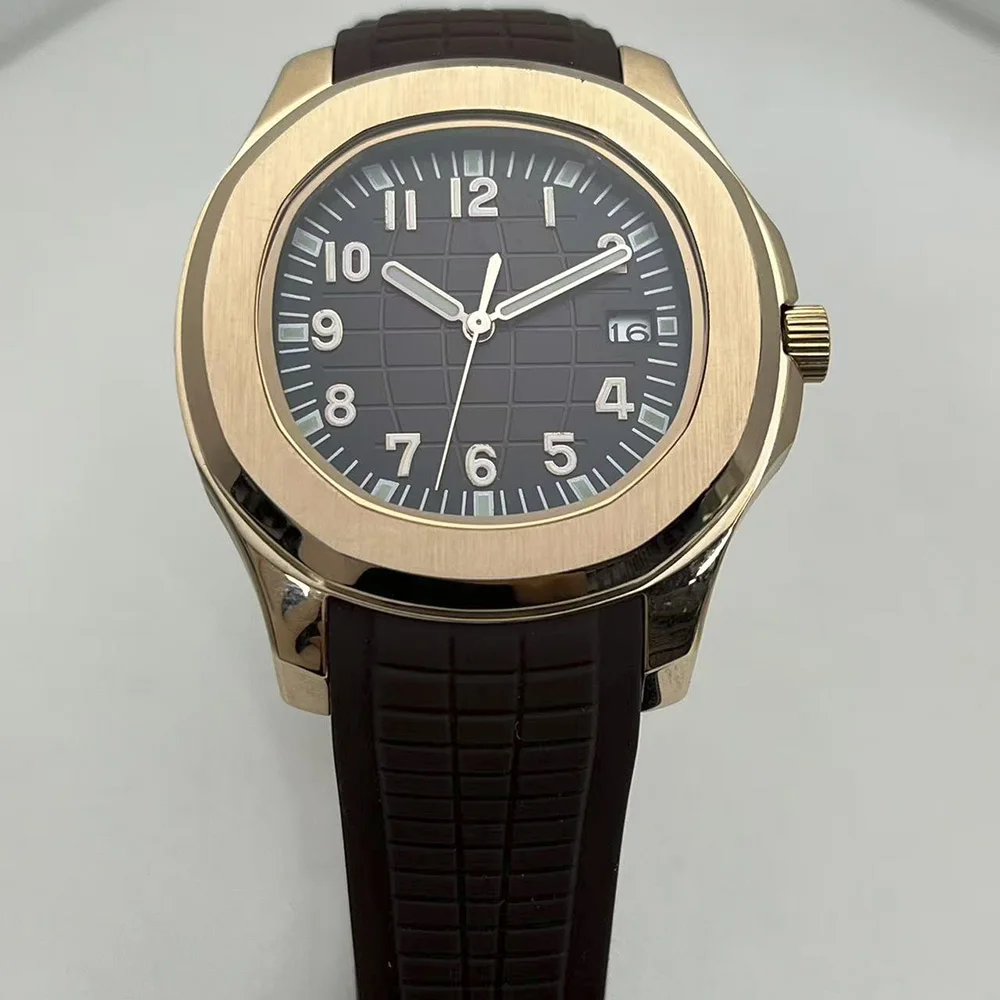 Classic Summer Model, 42mm Stainless Steel Silver Case, Chinese Men's Watch, NH35 Mechanical Movement, Coffee-Colored Rubber Str